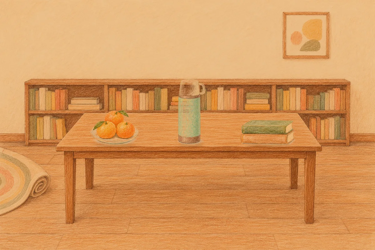 잠원동 여성전용 경락 케어 안내 그림, 저녁의 서재 긴 책상 위에 놓인 귤이 담긴 접시, 보온병, 책 두 권