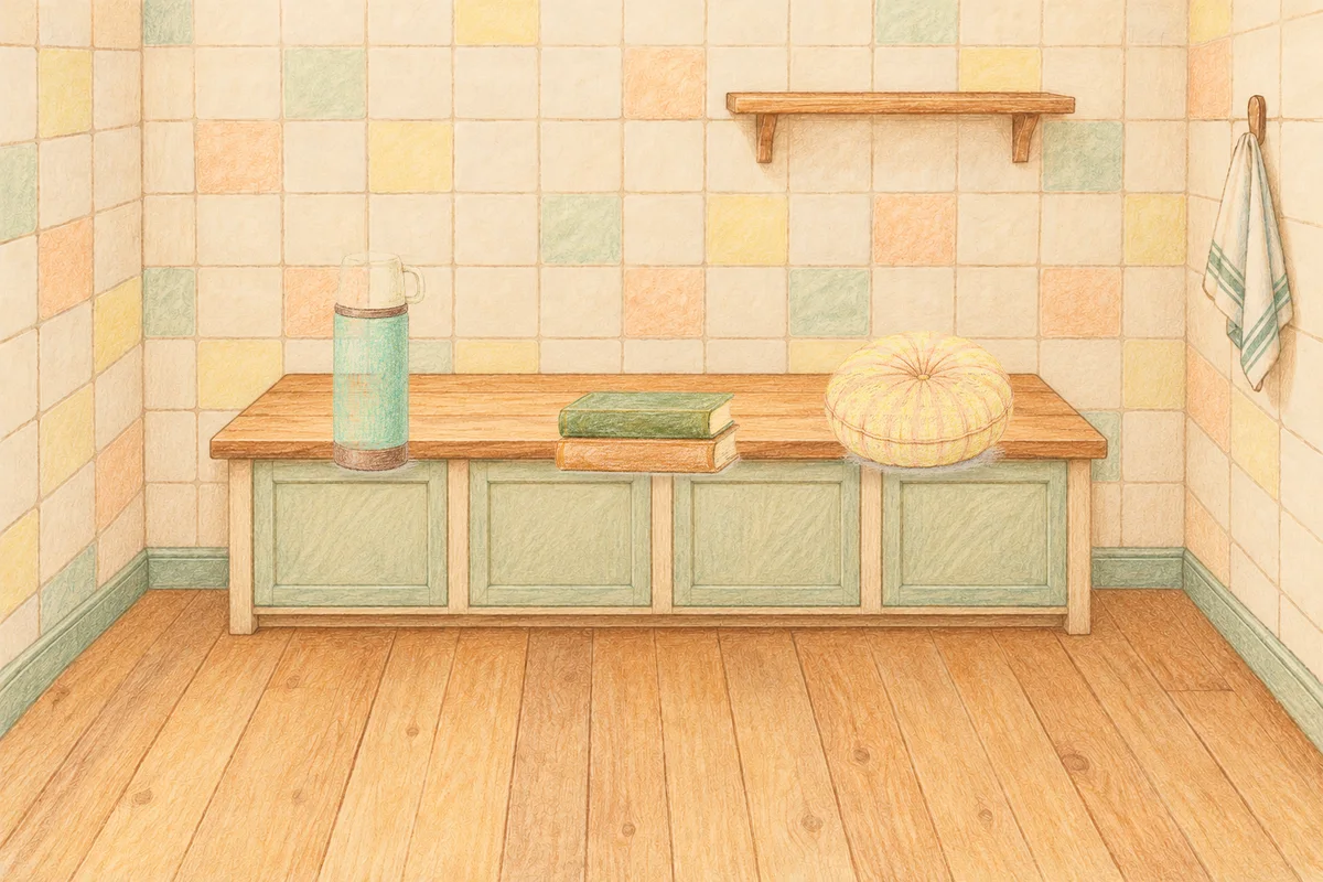 잠원동 여성전용 얼굴 경락 안내 그림, 낮의 부엌 나무 조리대 위에 놓인 보온병, 책 두 권, 둥근 쿠션