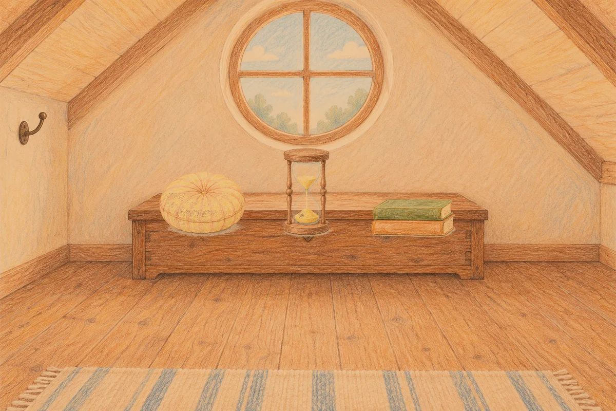 잠원동 여성전용 경락마사지 후기 안내 그림, 저녁의 다락방 나무 궤짝 위에 놓인 둥근 쿠션, 모래시계, 책 두 권