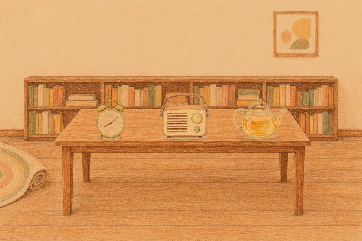 잠원동 여성전용 경락 가격 안내 그림, 저녁의 서재 긴 책상 위에 놓인 둥근 알람시계, 작은 라디오, 유리 티포트