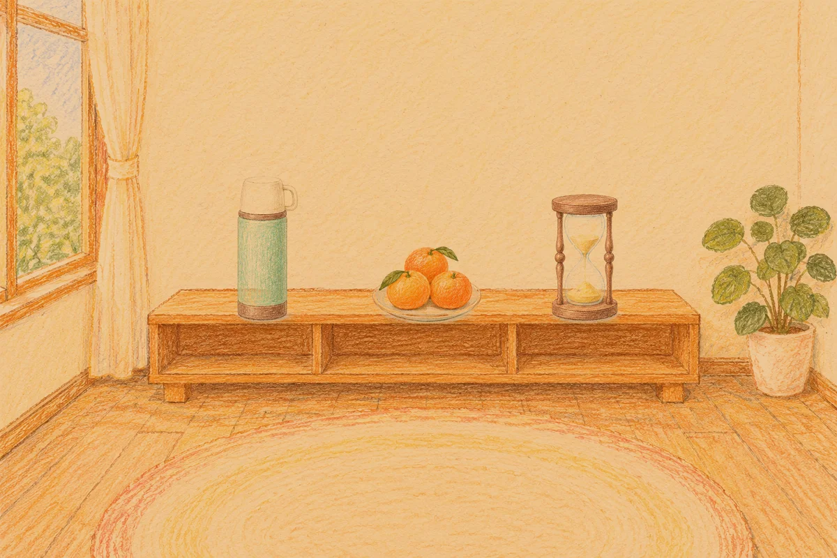 잠원동 여성전용 프라이빗 케어 안내 그림, 저녁의 창가 낮은 선반 위에 놓인 보온병, 귤이 담긴 접시, 모래시계