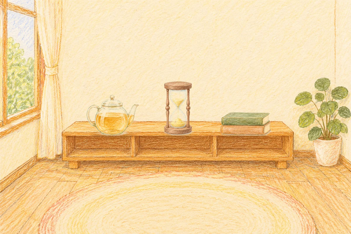 잠원동 여성전용 발관리 안내 그림, 낮의 창가 낮은 선반 위에 놓인 유리 티포트, 모래시계, 책 두 권