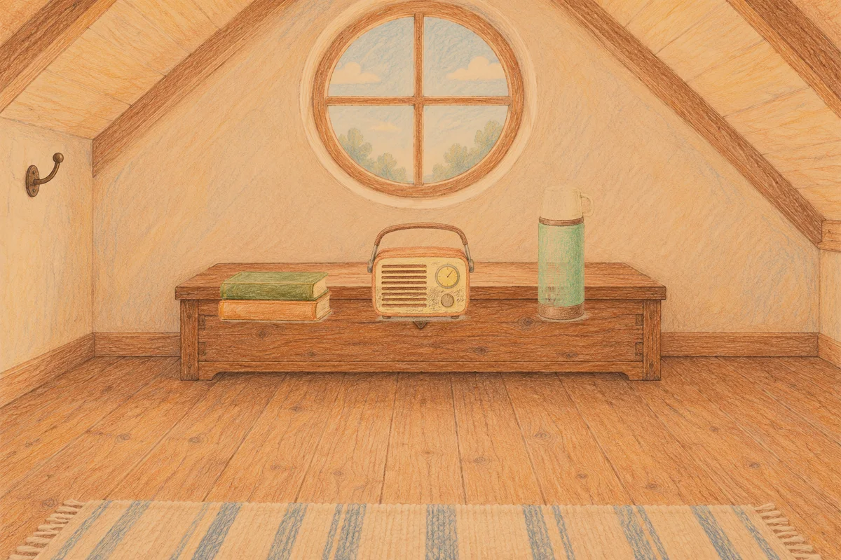 잠원동 여성전용 발관리 추천 안내 그림, 저녁의 다락방 나무 궤짝 위에 놓인 책 두 권, 작은 라디오, 보온병