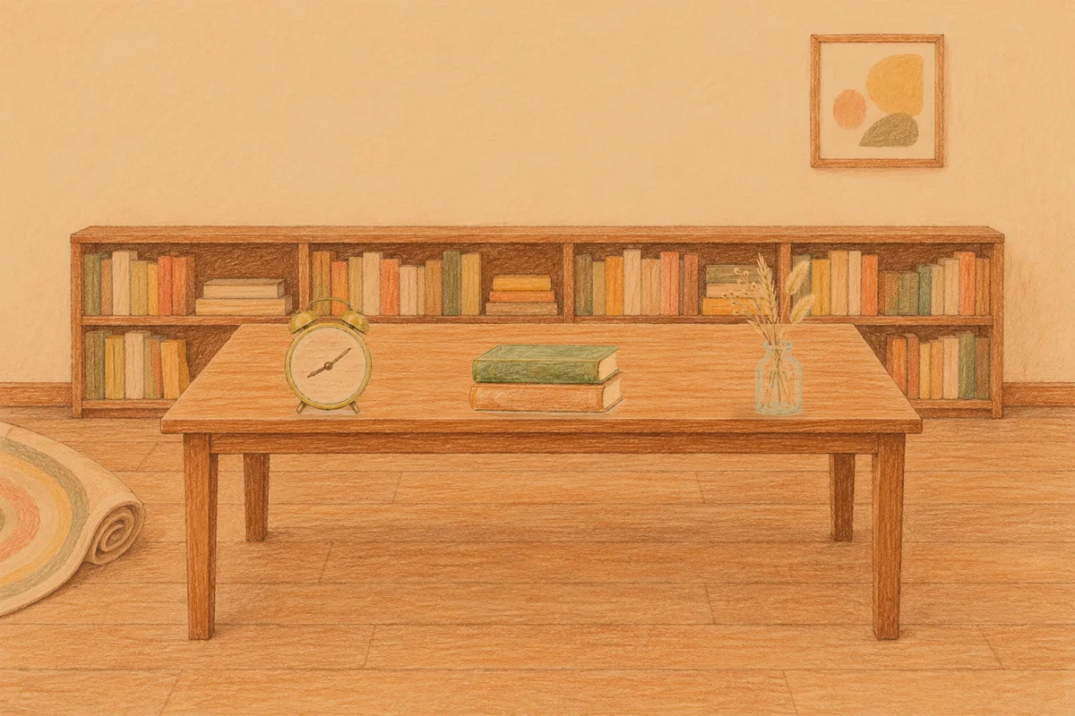 잠원동 여성전용 림프 마사지 안내 그림, 저녁의 서재 긴 책상 위에 놓인 둥근 알람시계, 책 두 권, 마른 풀을 꽂은 항아리