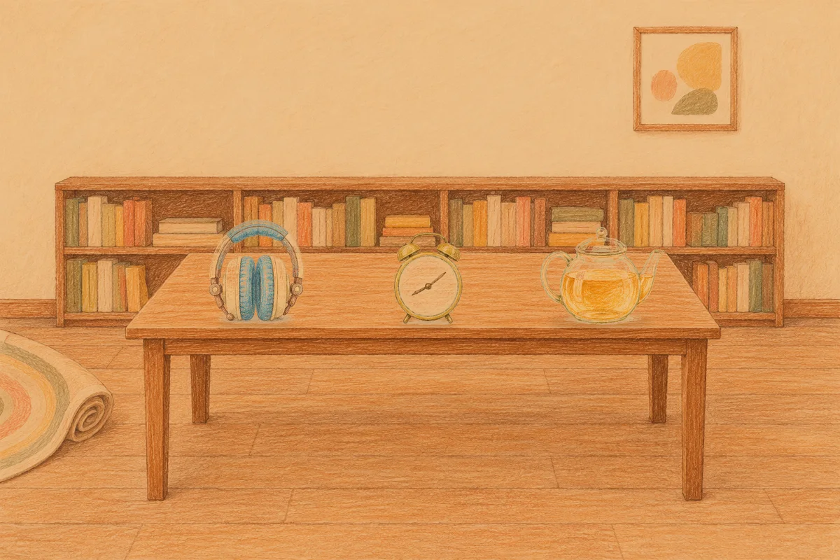 잠원동 여성전용 종아리 케어 안내 그림, 저녁의 서재 긴 책상 위에 놓인 헤드폰, 둥근 알람시계, 유리 티포트
