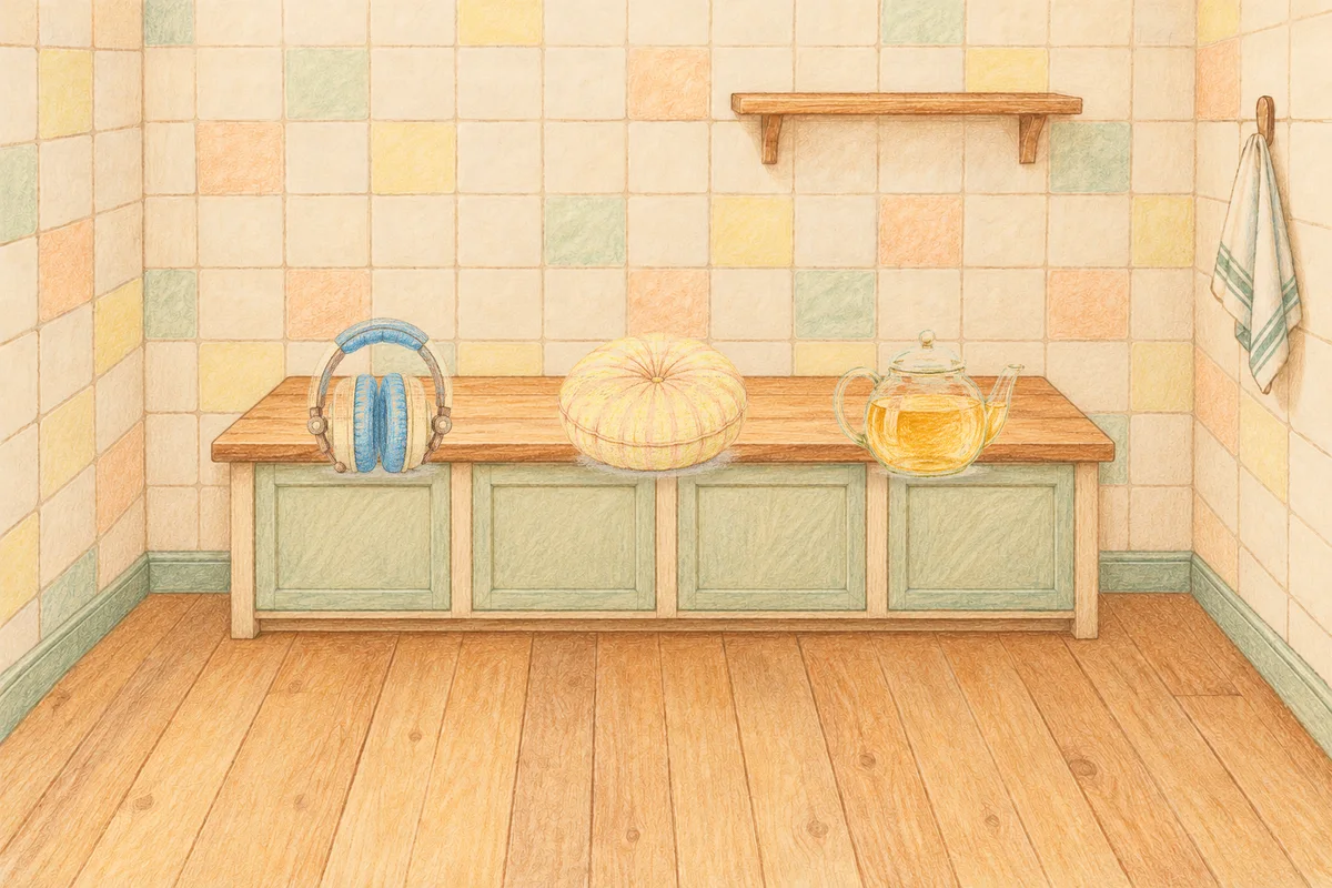 잠원동 여성전용 두피 마사지 안내 그림, 낮의 부엌 나무 조리대 위에 놓인 헤드폰, 둥근 쿠션, 유리 티포트
