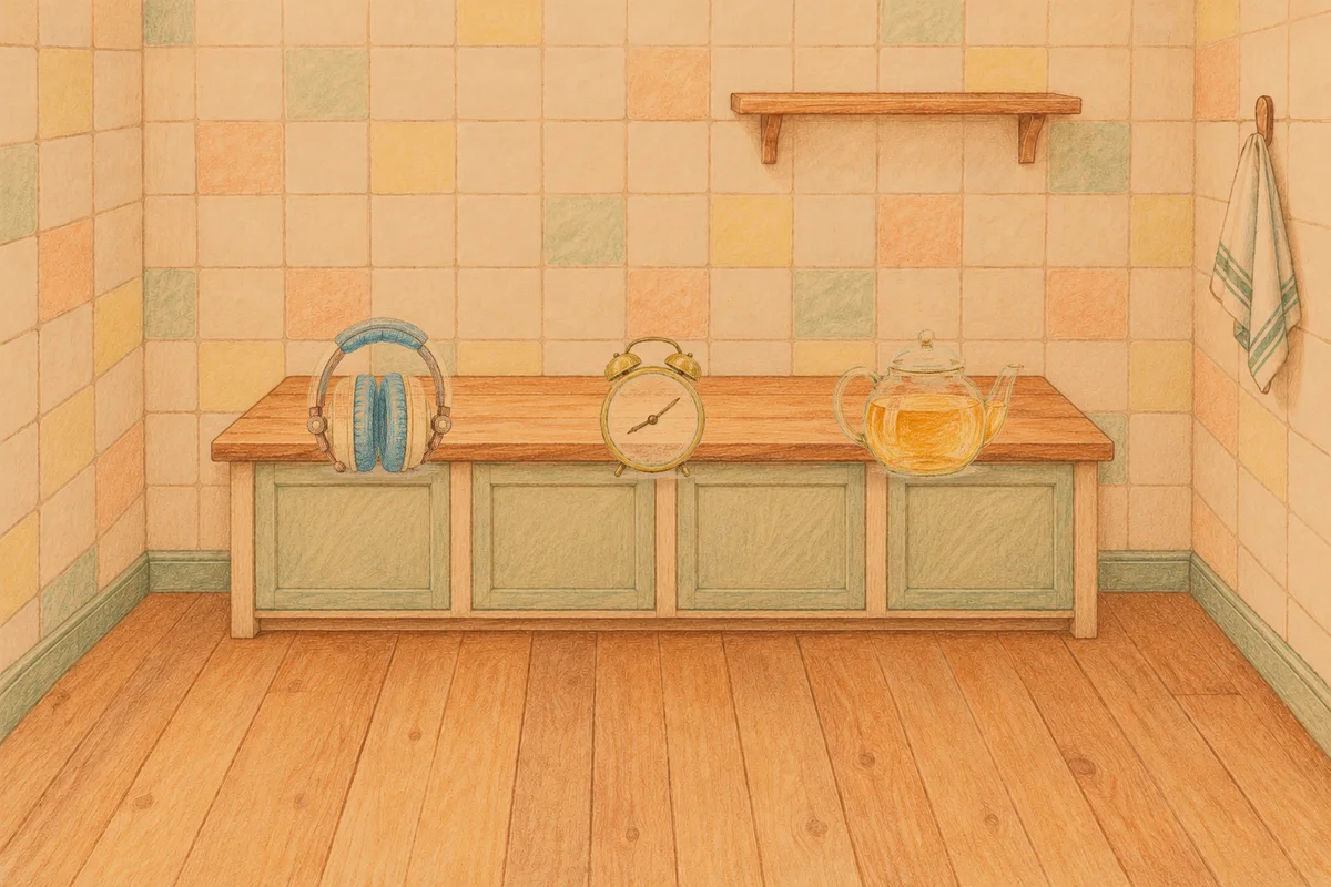 잠원동 여성전용 두피 케어 안내 그림, 저녁의 부엌 나무 조리대 위에 놓인 헤드폰, 둥근 알람시계, 유리 티포트