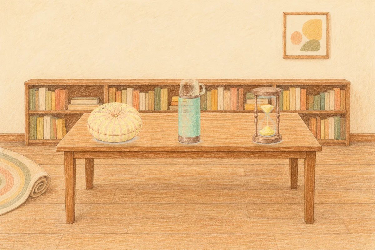 잠원동 여성전용 목 어깨 케어 안내 그림, 낮의 서재 긴 책상 위에 놓인 둥근 쿠션, 보온병, 모래시계