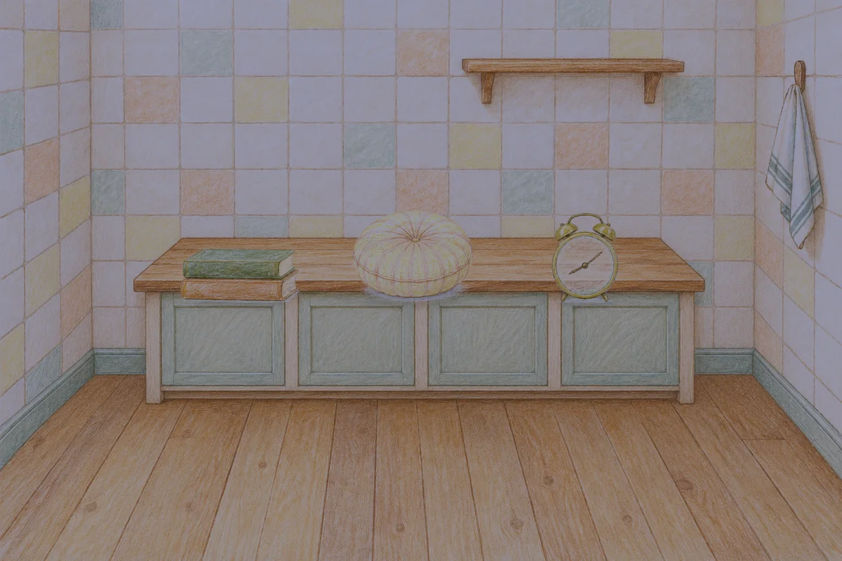 잠원동 여성전용 두통 완화 마사지 안내 그림, 밤의 부엌 나무 조리대 위에 놓인 책 두 권, 둥근 쿠션, 둥근 알람시계