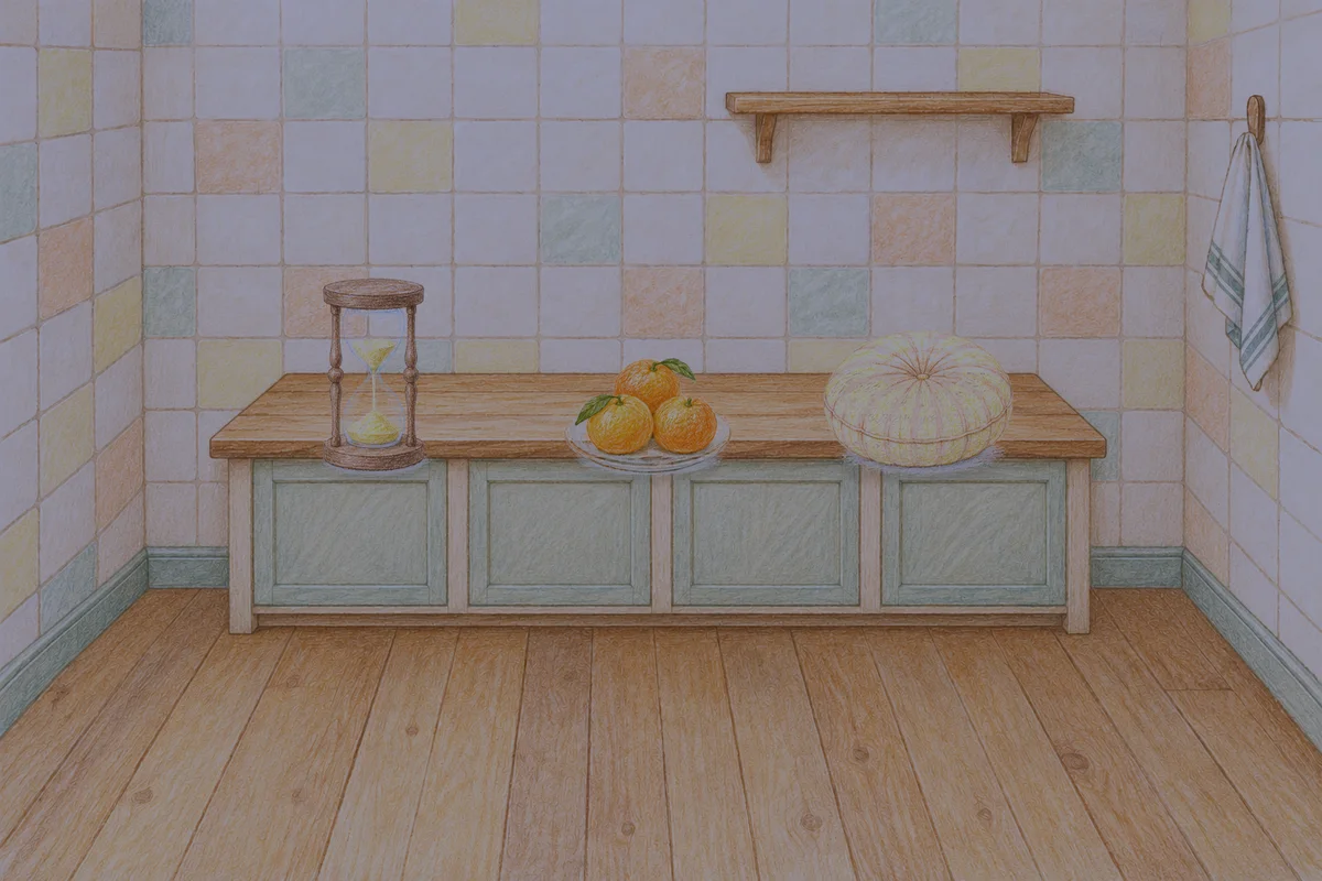 잠원동 여성전용 피로 회복 마사지 안내 그림, 밤의 부엌 나무 조리대 위에 놓인 모래시계, 귤이 담긴 접시, 둥근 쿠션