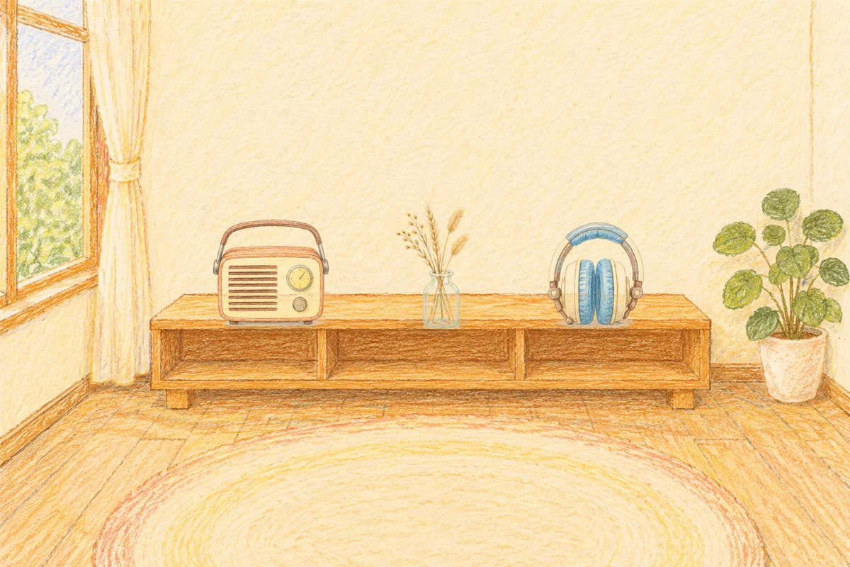 잠원동 여성전용 림프 페이셜 안내 그림, 낮의 창가 낮은 선반 위에 놓인 작은 라디오, 마른 풀을 꽂은 항아리, 헤드폰