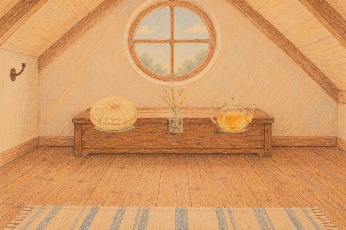 잠원동 여성전용 브라이덜 케어 안내 그림, 저녁의 다락방 나무 궤짝 위에 놓인 둥근 쿠션, 마른 풀을 꽂은 항아리, 유리 티포트