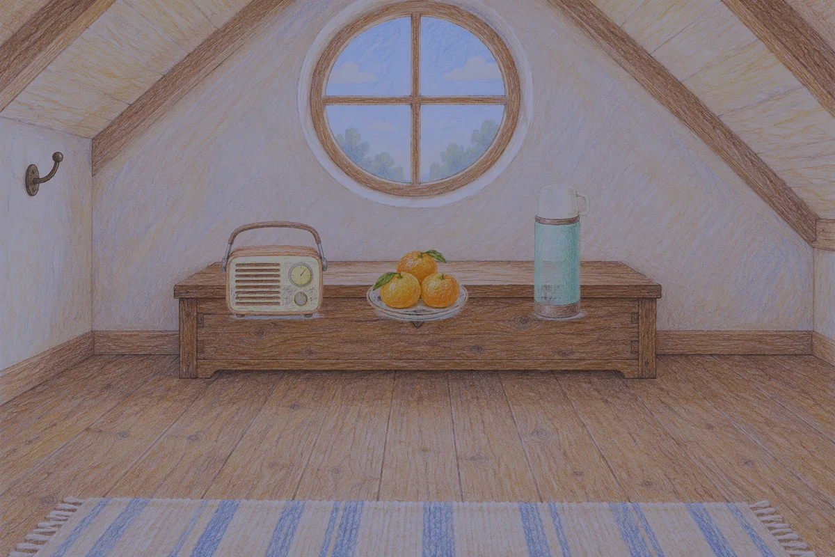잠원동 여성전용 출장 마사지 후기 안내 그림, 밤의 다락방 나무 궤짝 위에 놓인 작은 라디오, 귤이 담긴 접시, 보온병