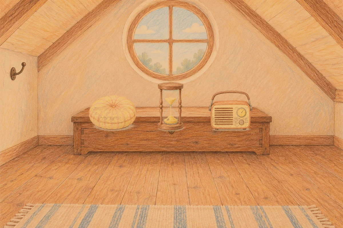 반포동 여성전용 아로마테라피 안내 그림, 저녁의 다락방 나무 궤짝 위에 놓인 둥근 쿠션, 모래시계, 작은 라디오