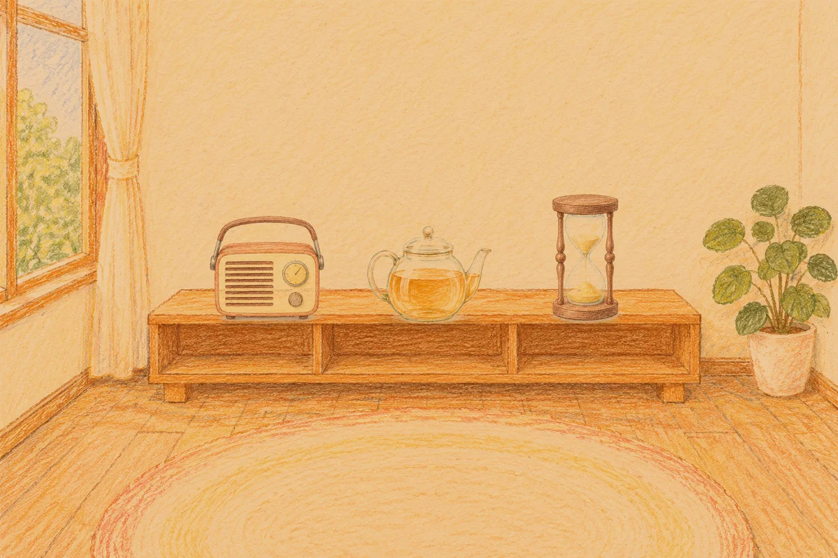 반포동 여성전용 라벤더 아로마 안내 그림, 저녁의 창가 낮은 선반 위에 놓인 작은 라디오, 유리 티포트, 모래시계