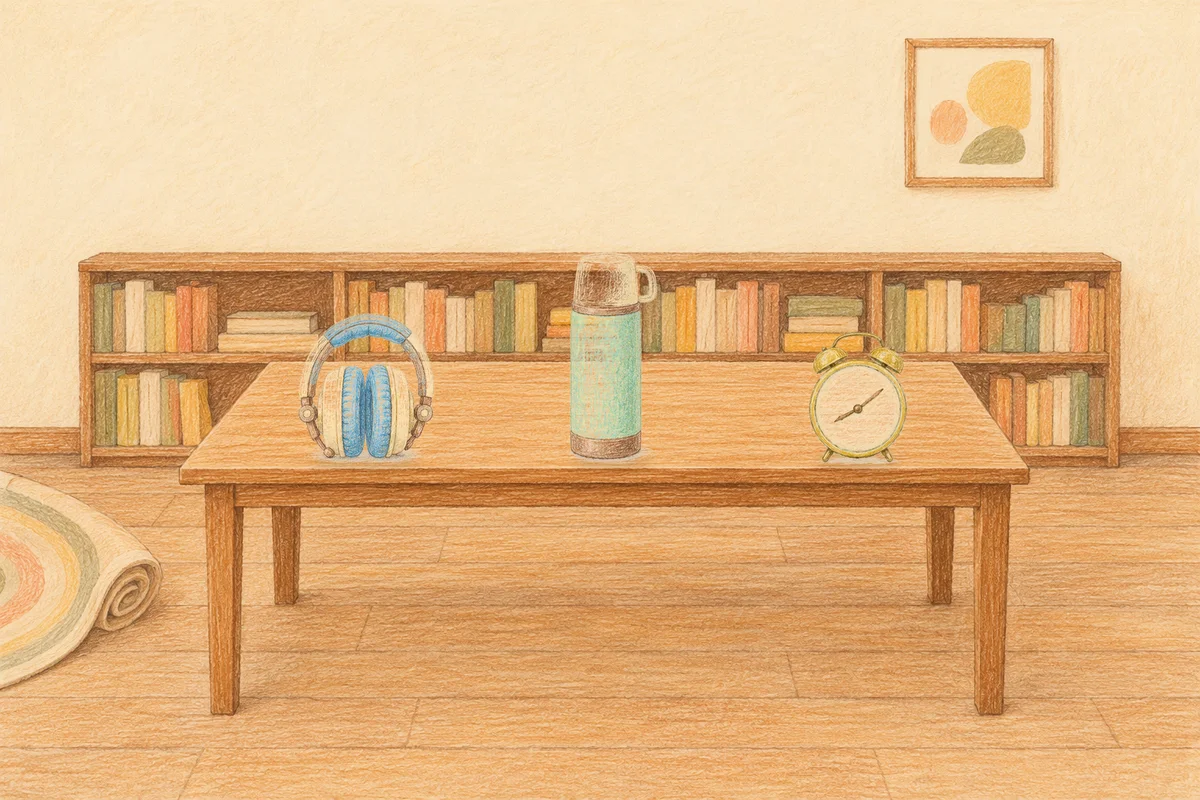 반포동 여성전용 스웨디시 추천 안내 그림, 낮의 서재 긴 책상 위에 놓인 헤드폰, 보온병, 둥근 알람시계