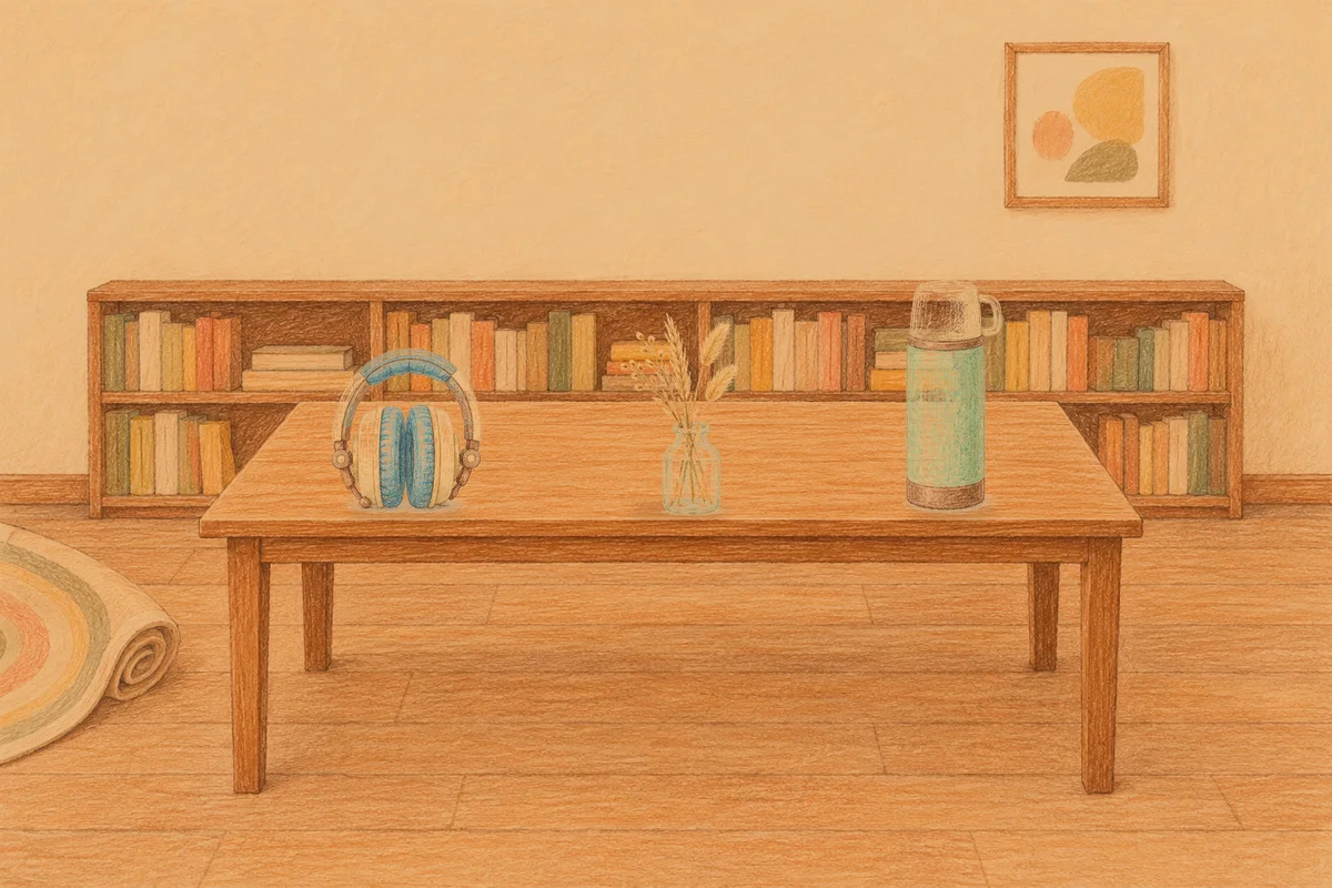 반포동 여성전용 경락마사지 안내 그림, 저녁의 서재 긴 책상 위에 놓인 헤드폰, 마른 풀을 꽂은 항아리, 보온병