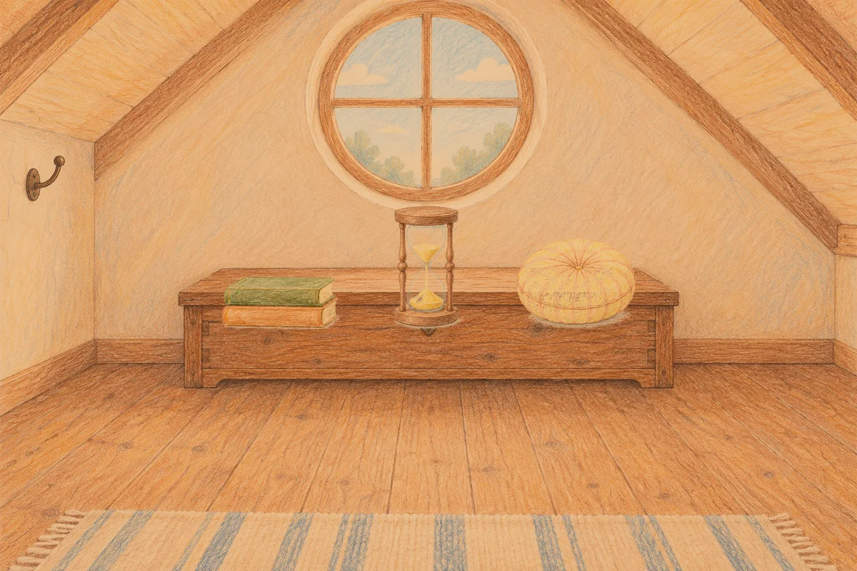 반포동 여성전용 경락 케어 안내 그림, 저녁의 다락방 나무 궤짝 위에 놓인 책 두 권, 모래시계, 둥근 쿠션