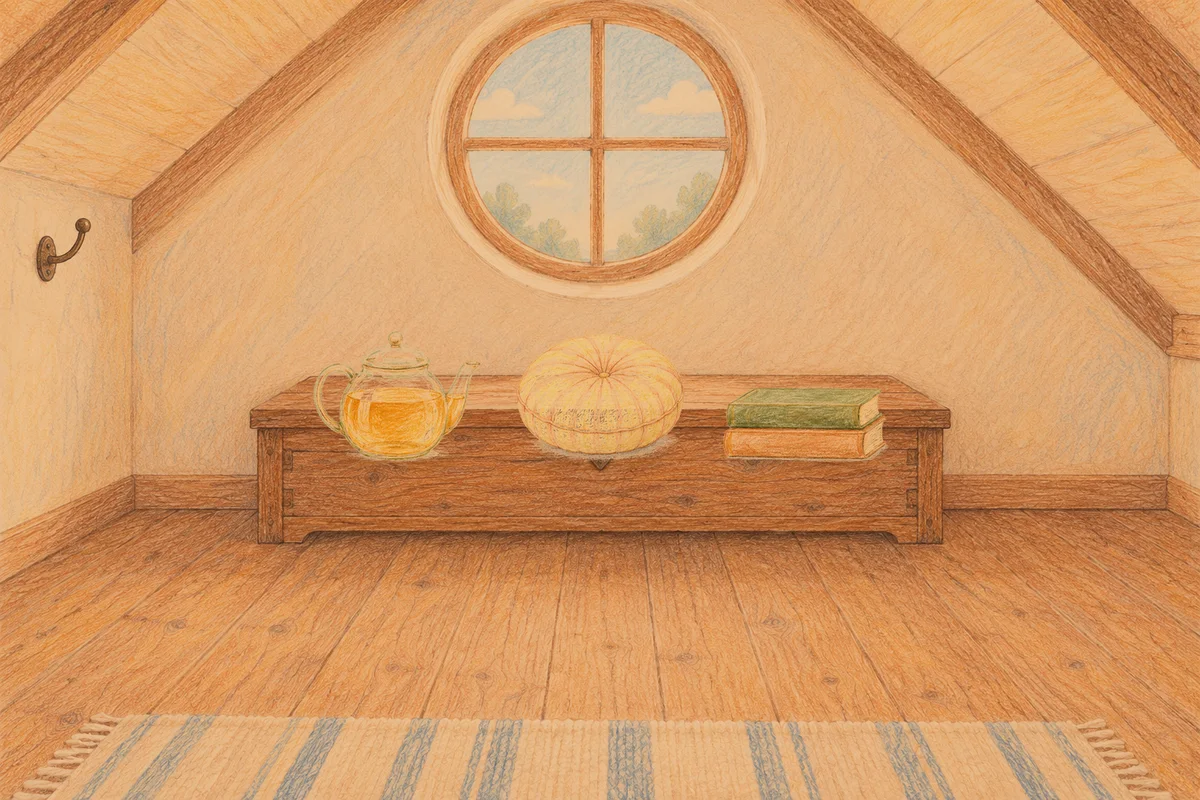 반포동 여성전용 경락 가격 안내 그림, 저녁의 다락방 나무 궤짝 위에 놓인 유리 티포트, 둥근 쿠션, 책 두 권