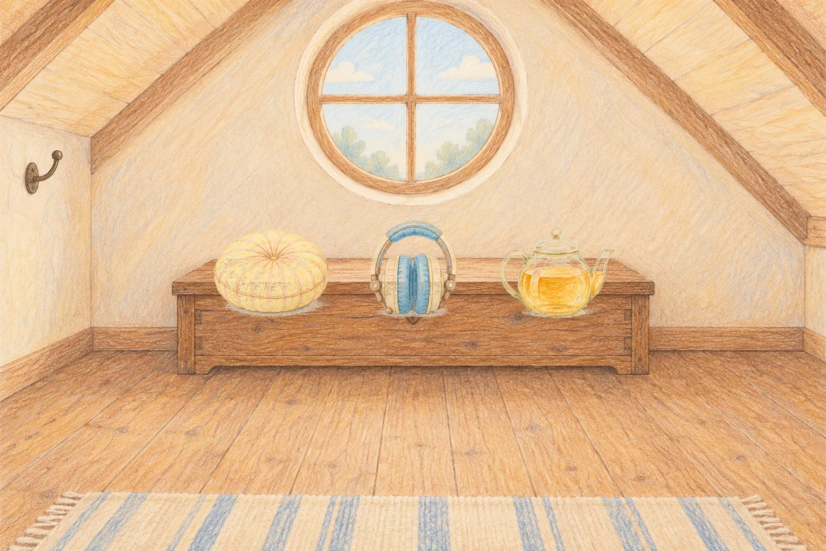반포동 여성전용 방문 홈케어 안내 그림, 낮의 다락방 나무 궤짝 위에 놓인 둥근 쿠션, 헤드폰, 유리 티포트