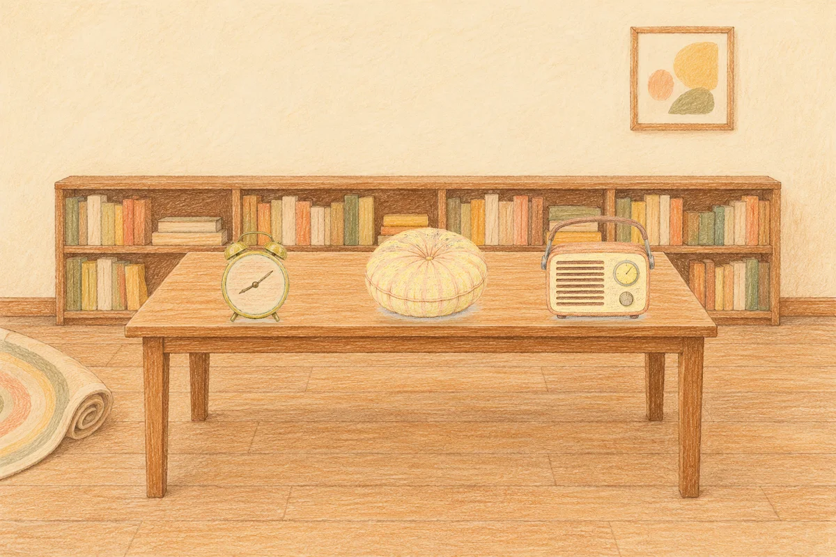 반포동 여성전용 1인샵 안내 그림, 낮의 서재 긴 책상 위에 놓인 둥근 알람시계, 둥근 쿠션, 작은 라디오