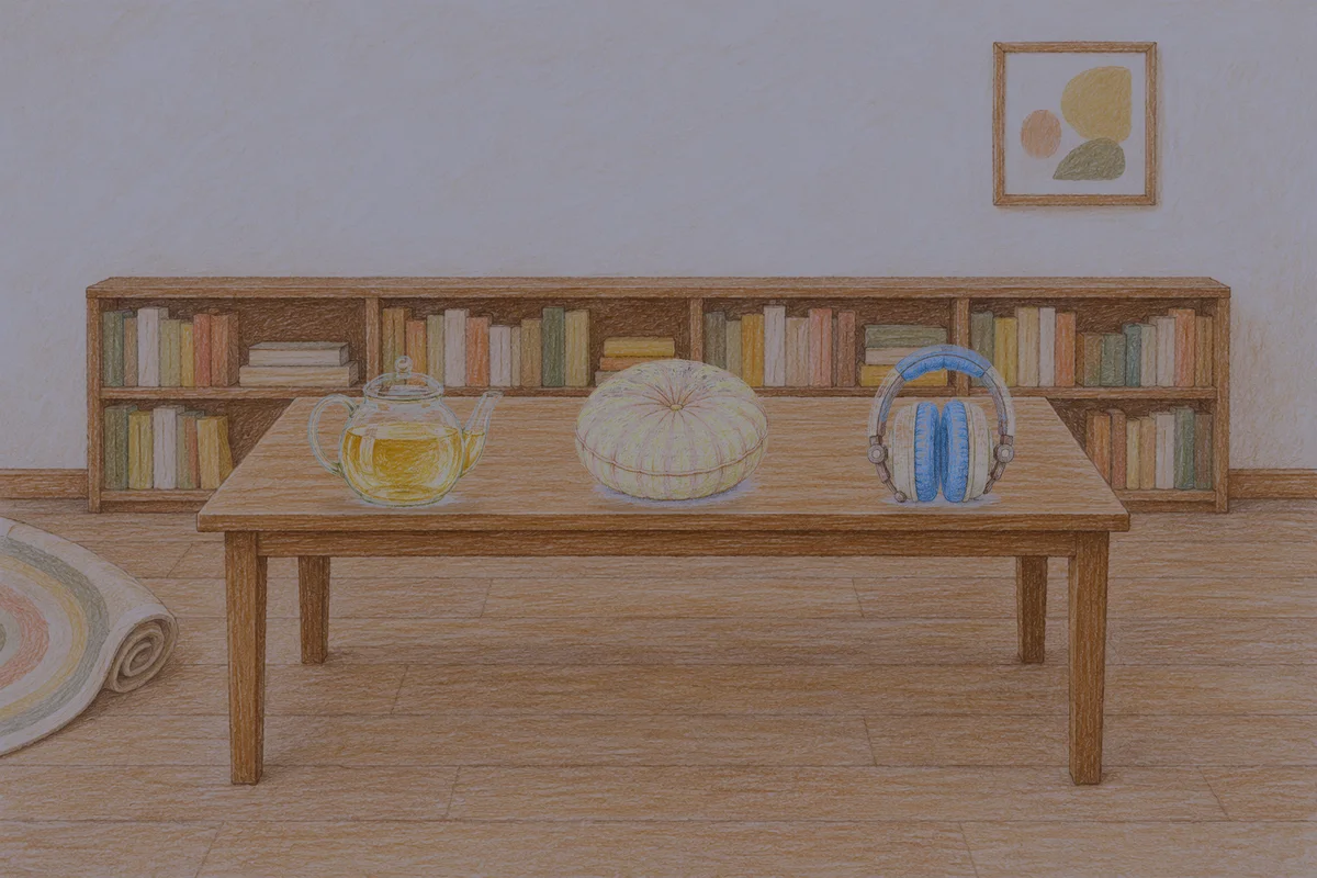 반포동 여성전용 홈케어 추천 안내 그림, 밤의 서재 긴 책상 위에 놓인 유리 티포트, 둥근 쿠션, 헤드폰