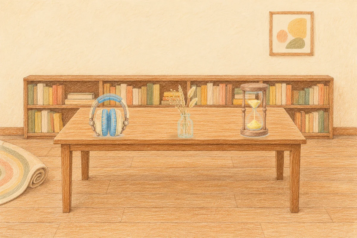 반포동 여성전용 발관리 안내 그림, 낮의 서재 긴 책상 위에 놓인 헤드폰, 마른 풀을 꽂은 항아리, 모래시계