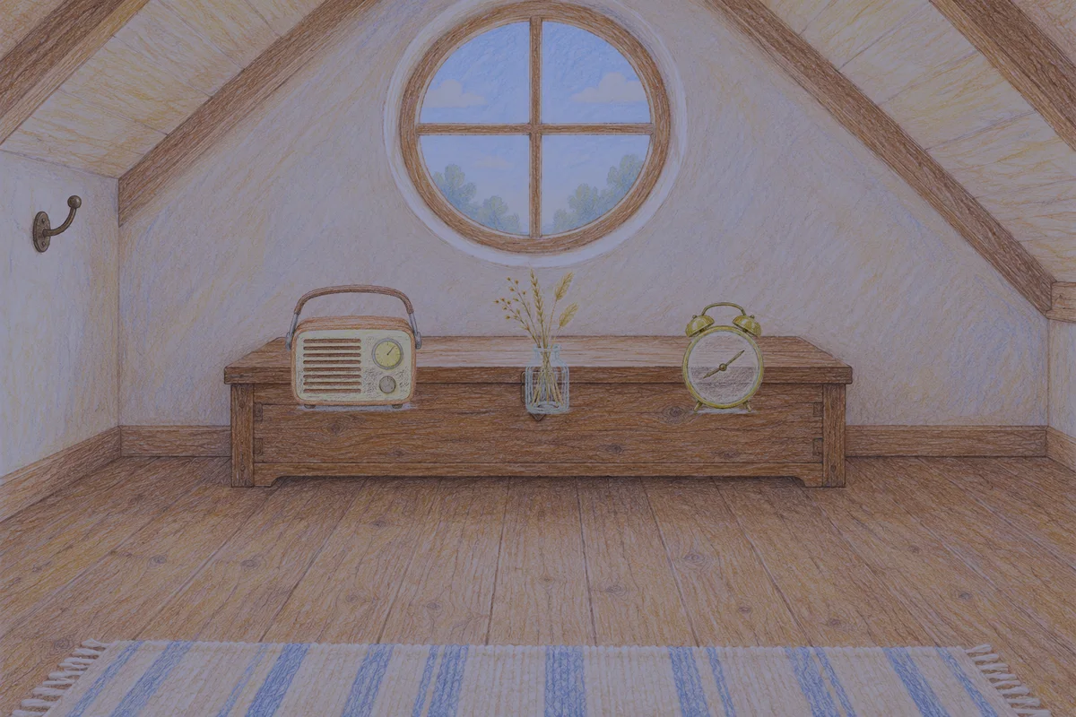 반포동 여성전용 발관리 후기 안내 그림, 밤의 다락방 나무 궤짝 위에 놓인 작은 라디오, 마른 풀을 꽂은 항아리, 둥근 알람시계