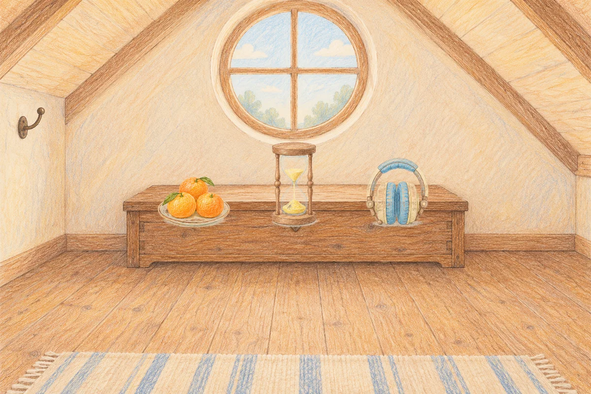 반포동 여성전용 발관리 추천 안내 그림, 낮의 다락방 나무 궤짝 위에 놓인 귤이 담긴 접시, 모래시계, 헤드폰