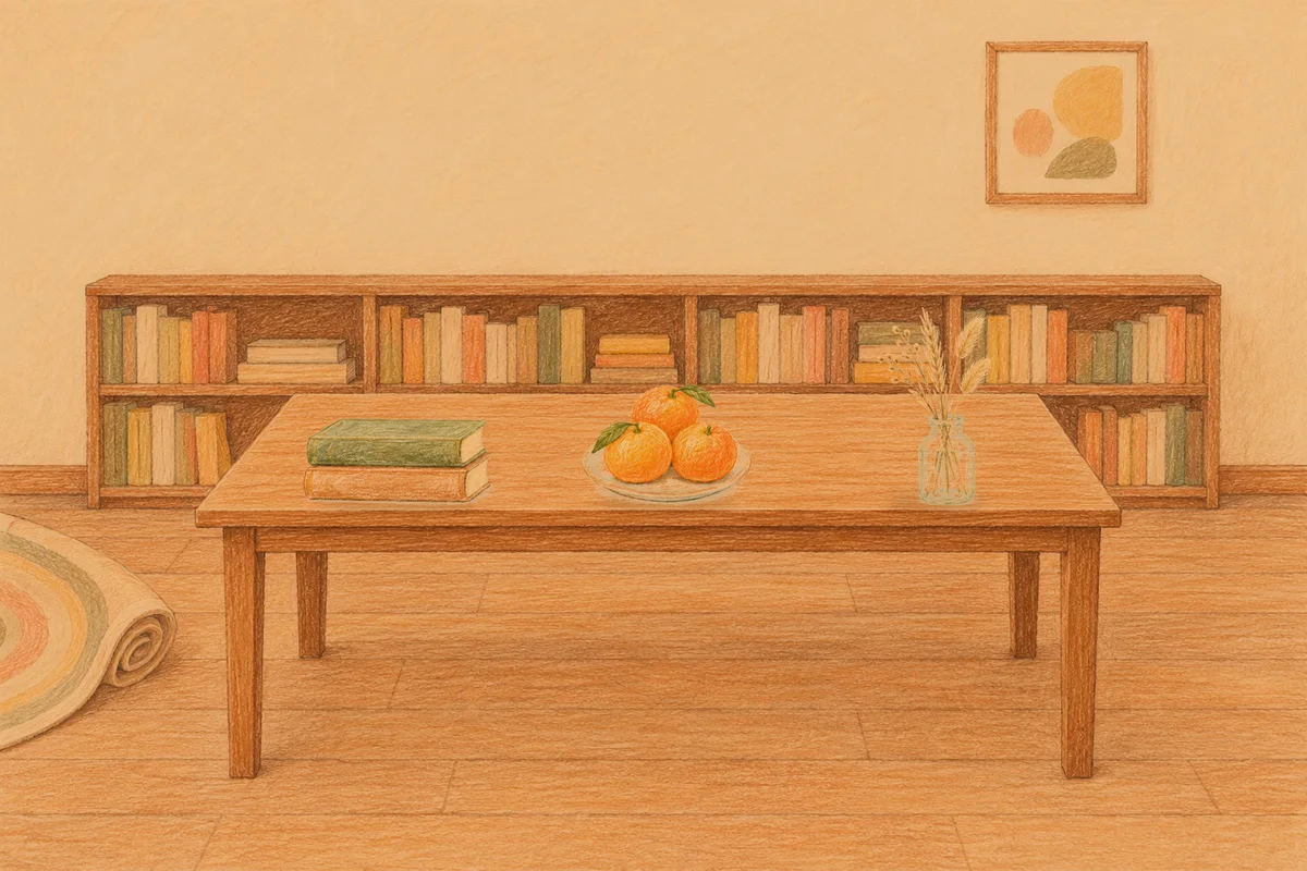 반포동 여성전용 림프 마사지 안내 그림, 저녁의 서재 긴 책상 위에 놓인 책 두 권, 귤이 담긴 접시, 마른 풀을 꽂은 항아리