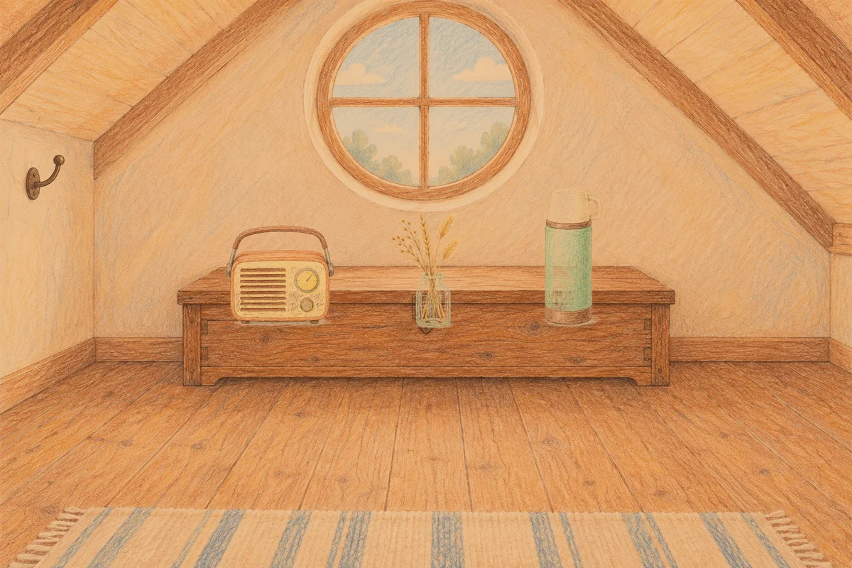 반포동 여성전용 셀룰라이트 관리 안내 그림, 저녁의 다락방 나무 궤짝 위에 놓인 작은 라디오, 마른 풀을 꽂은 항아리, 보온병