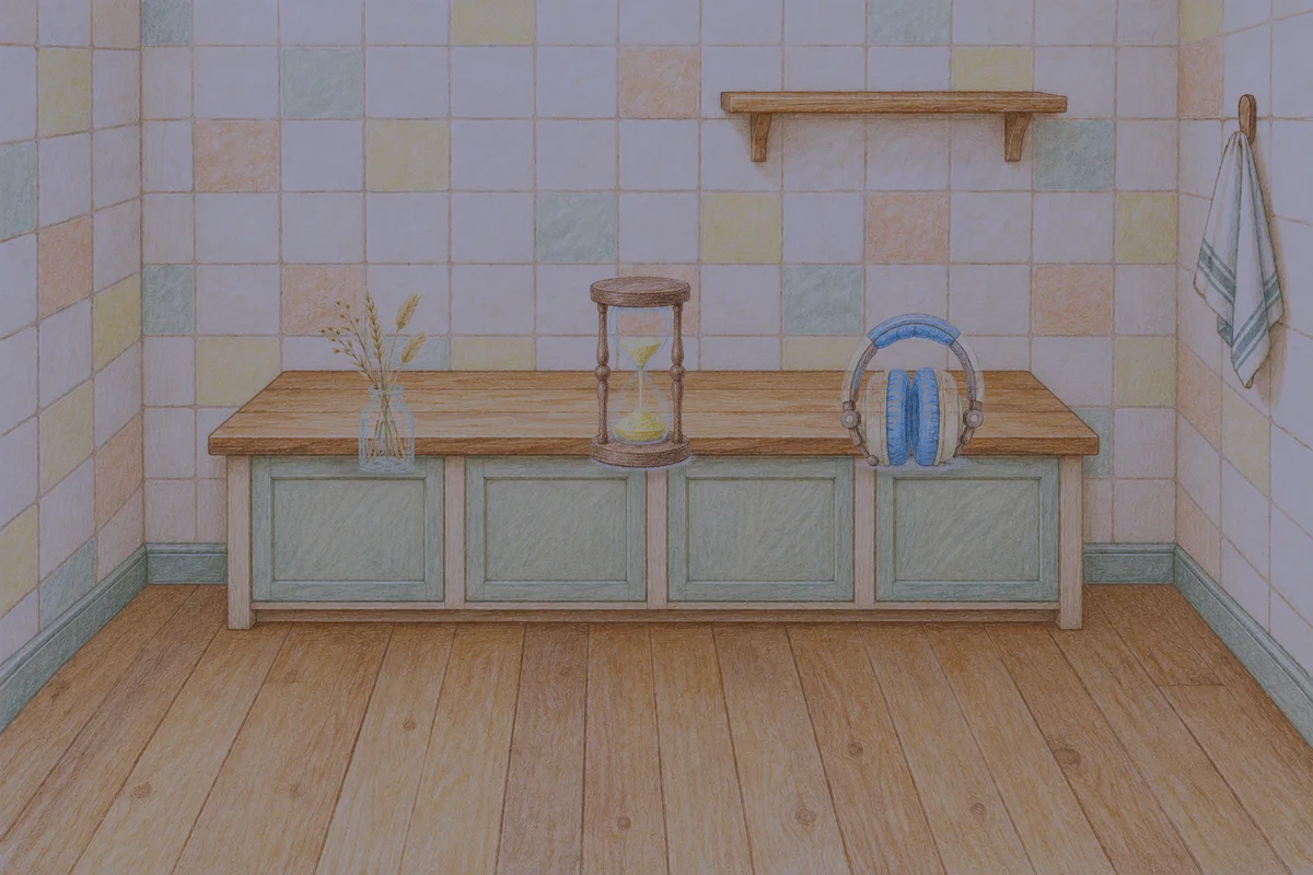 반포동 여성전용 디톡스 마사지 안내 그림, 밤의 부엌 나무 조리대 위에 놓인 마른 풀을 꽂은 항아리, 모래시계, 헤드폰