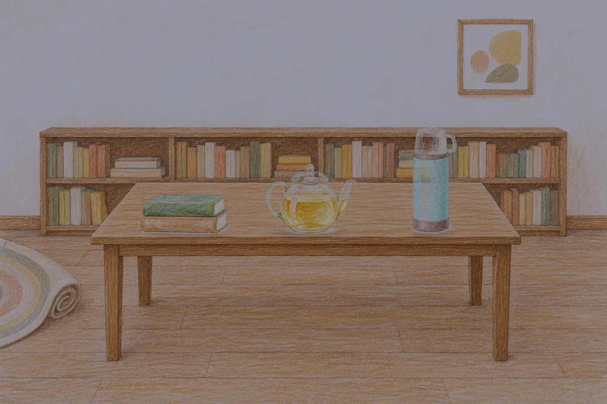 반포동 여성전용 종아리 케어 안내 그림, 밤의 서재 긴 책상 위에 놓인 책 두 권, 유리 티포트, 보온병