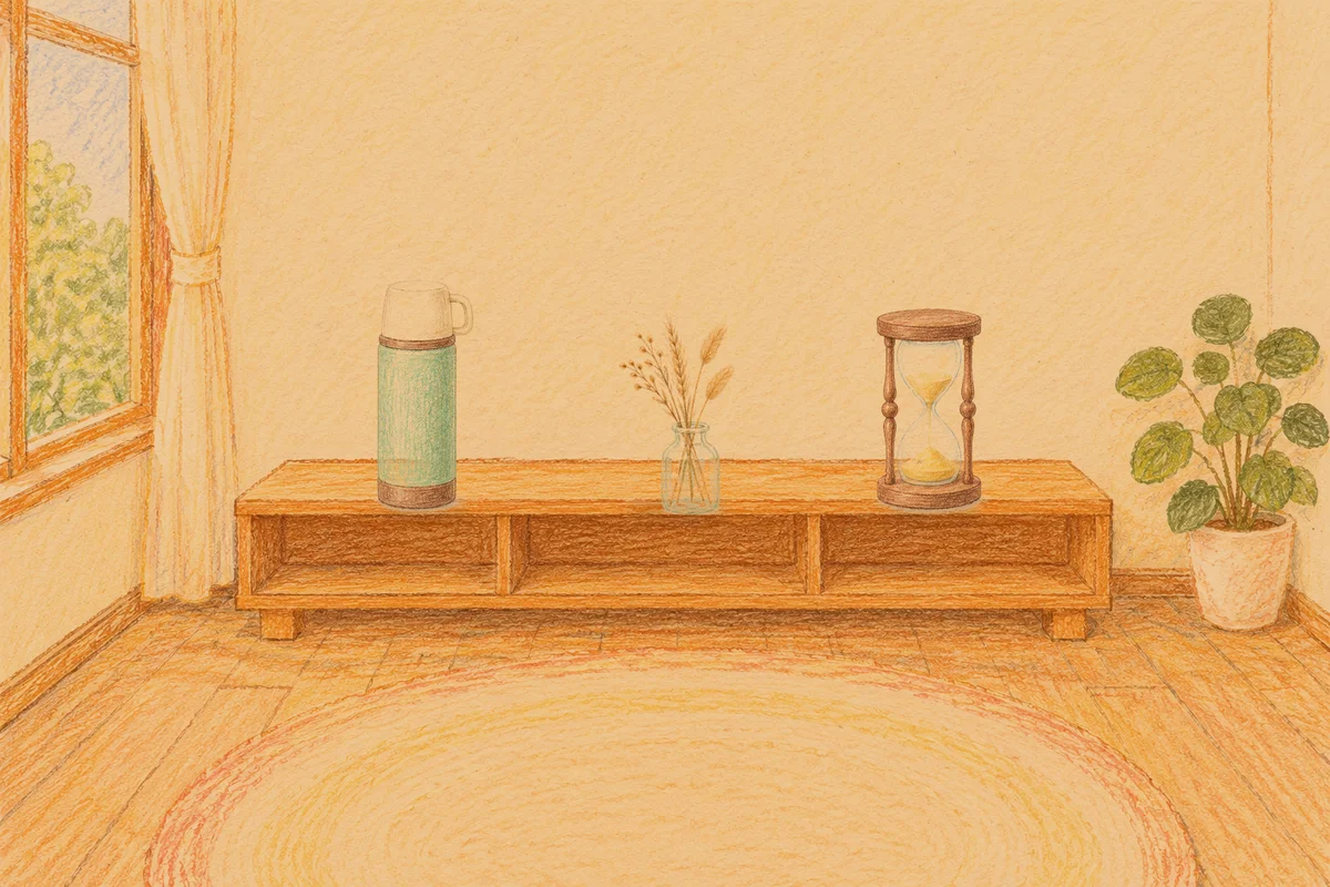 반포동 여성전용 등 마사지 안내 그림, 저녁의 창가 낮은 선반 위에 놓인 보온병, 마른 풀을 꽂은 항아리, 모래시계