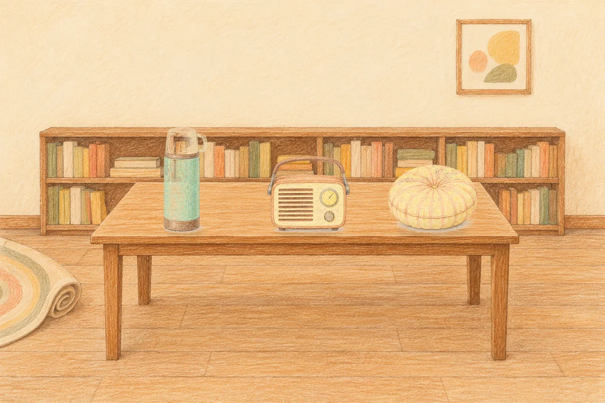 반포동 여성전용 두피 마사지 안내 그림, 낮의 서재 긴 책상 위에 놓인 보온병, 작은 라디오, 둥근 쿠션