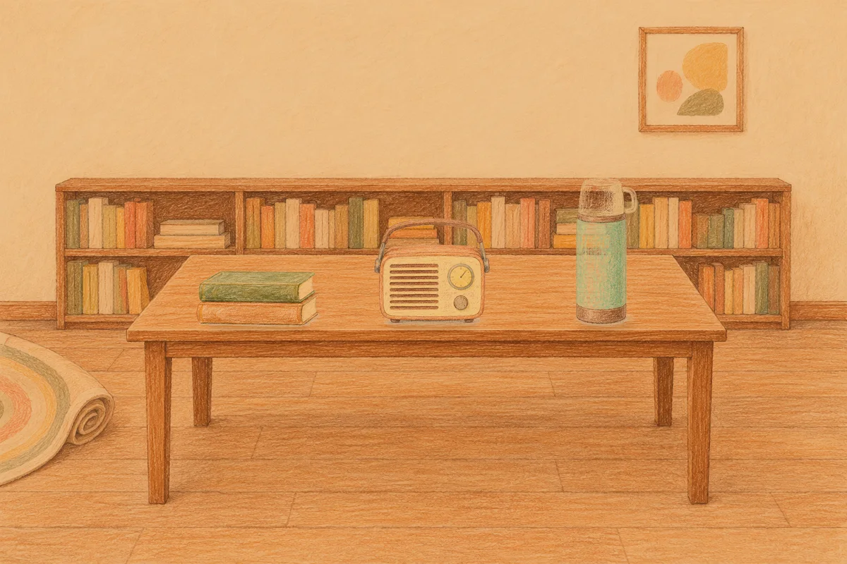 반포동 여성전용 두피 케어 안내 그림, 저녁의 서재 긴 책상 위에 놓인 책 두 권, 작은 라디오, 보온병