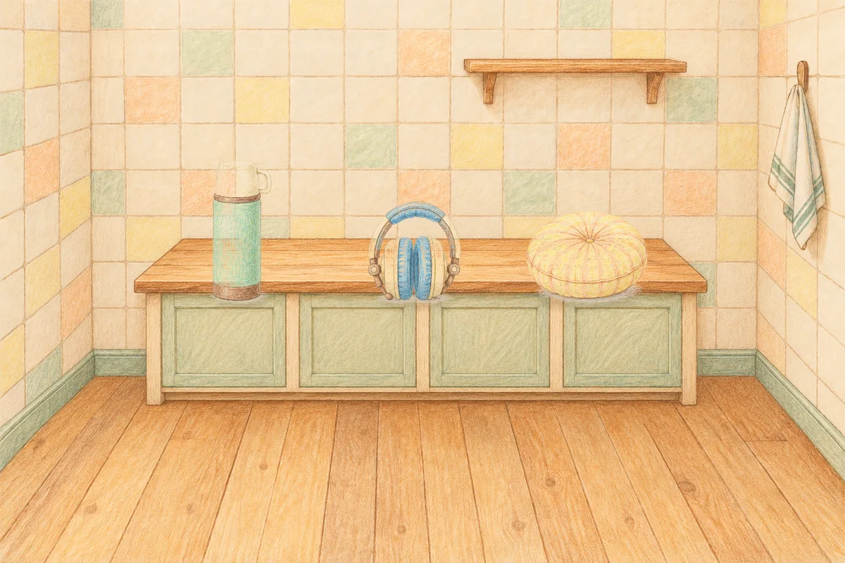 반포동 여성전용 어깨 마사지 안내 그림, 낮의 부엌 나무 조리대 위에 놓인 보온병, 헤드폰, 둥근 쿠션