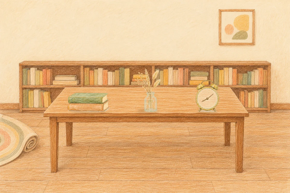반포동 여성전용 두통 완화 마사지 안내 그림, 낮의 서재 긴 책상 위에 놓인 책 두 권, 마른 풀을 꽂은 항아리, 둥근 알람시계