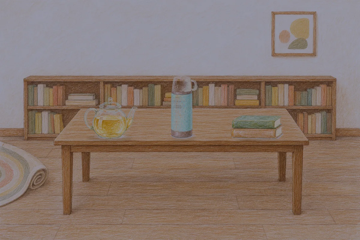반포동 여성전용 페이셜 마사지 안내 그림, 밤의 서재 긴 책상 위에 놓인 유리 티포트, 보온병, 책 두 권