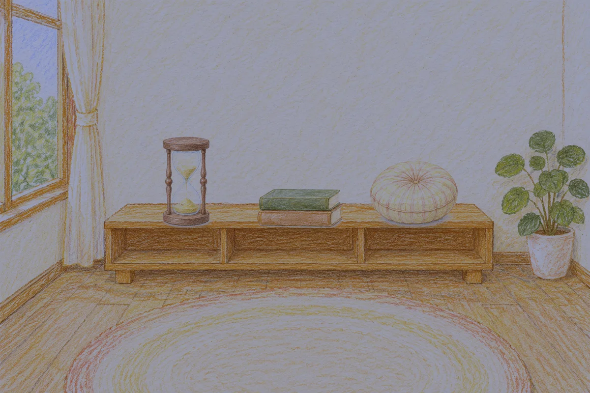 반포동 여성전용 얼굴 마사지 안내 그림, 밤의 창가 낮은 선반 위에 놓인 모래시계, 책 두 권, 둥근 쿠션