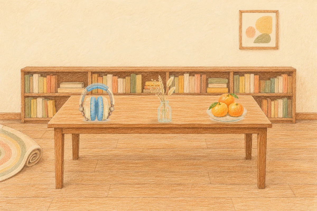 반포동 여성전용 피부 관리 안내 그림, 낮의 서재 긴 책상 위에 놓인 헤드폰, 마른 풀을 꽂은 항아리, 귤이 담긴 접시