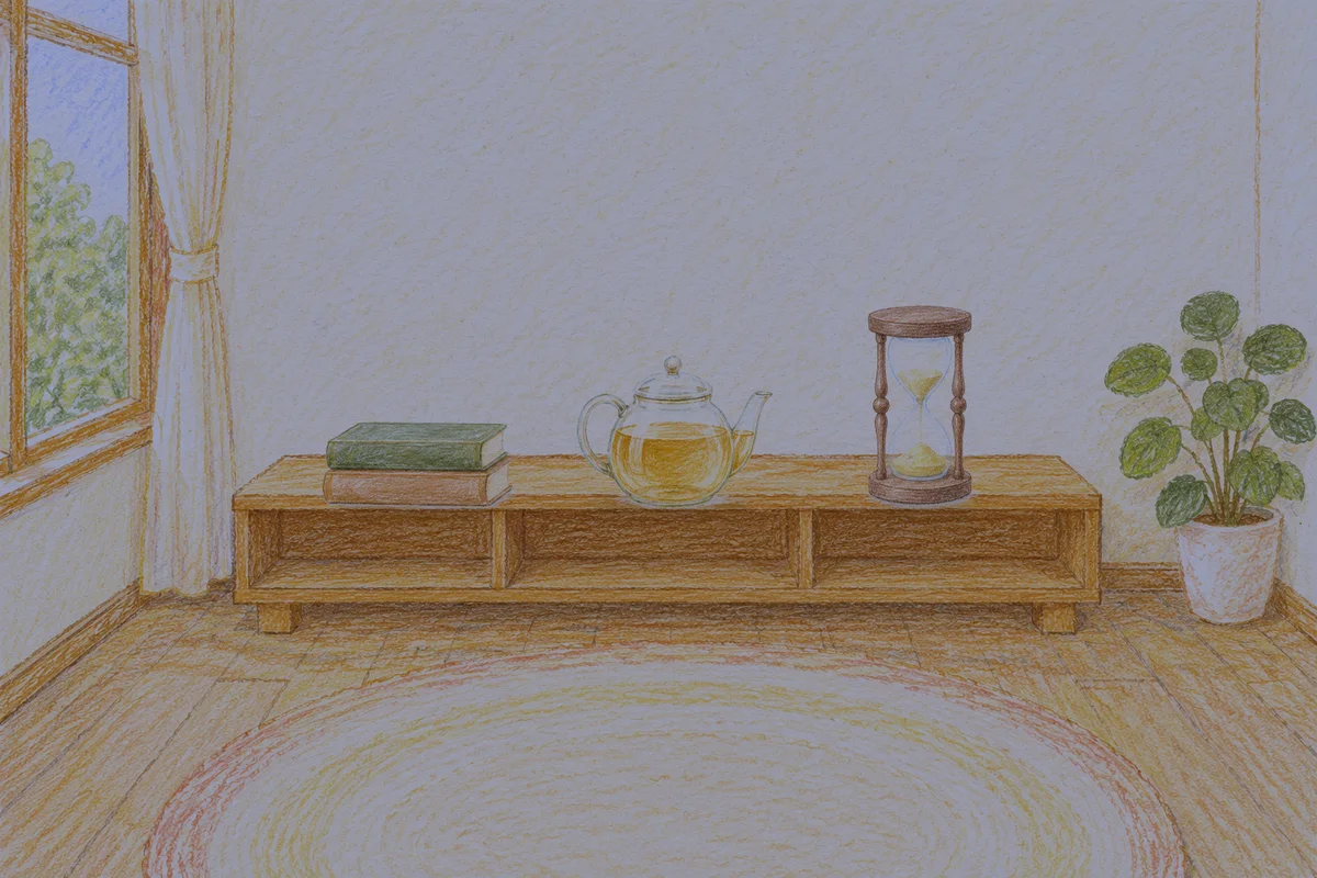 반포동 여성전용 샵 마사지 안내 그림, 밤의 창가 낮은 선반 위에 놓인 책 두 권, 유리 티포트, 모래시계