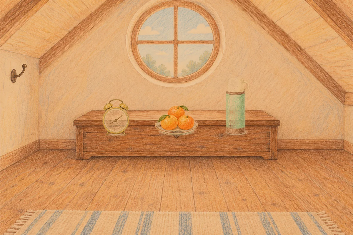 반포동 여성전용 가격 마사지 안내 그림, 저녁의 다락방 나무 궤짝 위에 놓인 둥근 알람시계, 귤이 담긴 접시, 보온병