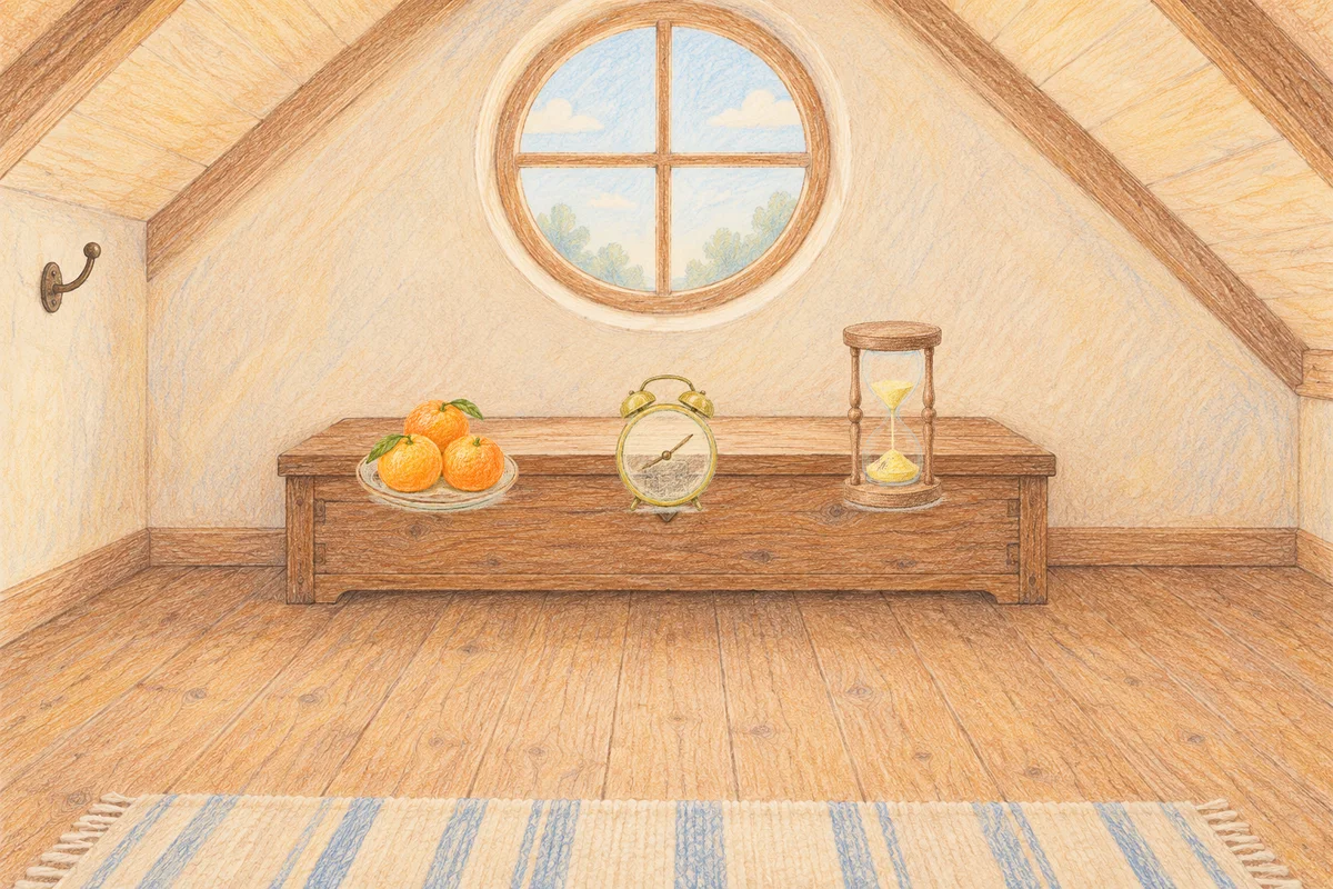 방배동 여성전용 스웨디시 마사지 안내 그림, 낮의 다락방 나무 궤짝 위에 놓인 귤이 담긴 접시, 둥근 알람시계, 모래시계