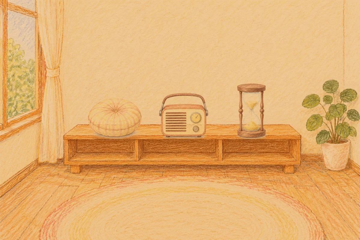 방배동 여성전용 스웨디시 홈케어 안내 그림, 저녁의 창가 낮은 선반 위에 놓인 둥근 쿠션, 작은 라디오, 모래시계