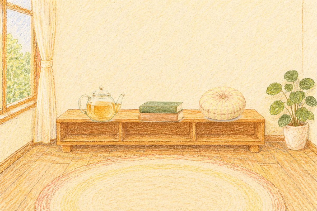 방배동 여성전용 라벤더 아로마 안내 그림, 낮의 창가 낮은 선반 위에 놓인 유리 티포트, 책 두 권, 둥근 쿠션