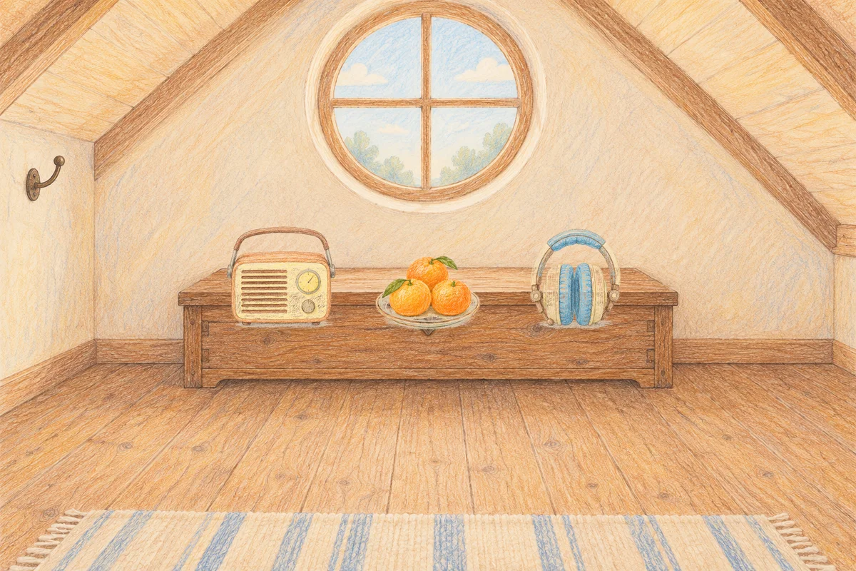 방배동 여성전용 스웨디시 후기 안내 그림, 낮의 다락방 나무 궤짝 위에 놓인 작은 라디오, 귤이 담긴 접시, 헤드폰