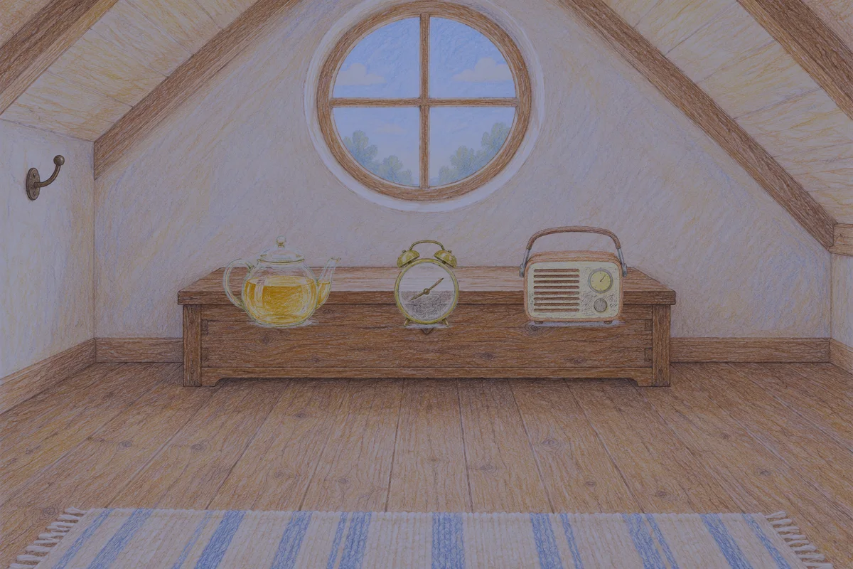 방배동 여성전용 스웨디시 가격 안내 그림, 밤의 다락방 나무 궤짝 위에 놓인 유리 티포트, 둥근 알람시계, 작은 라디오