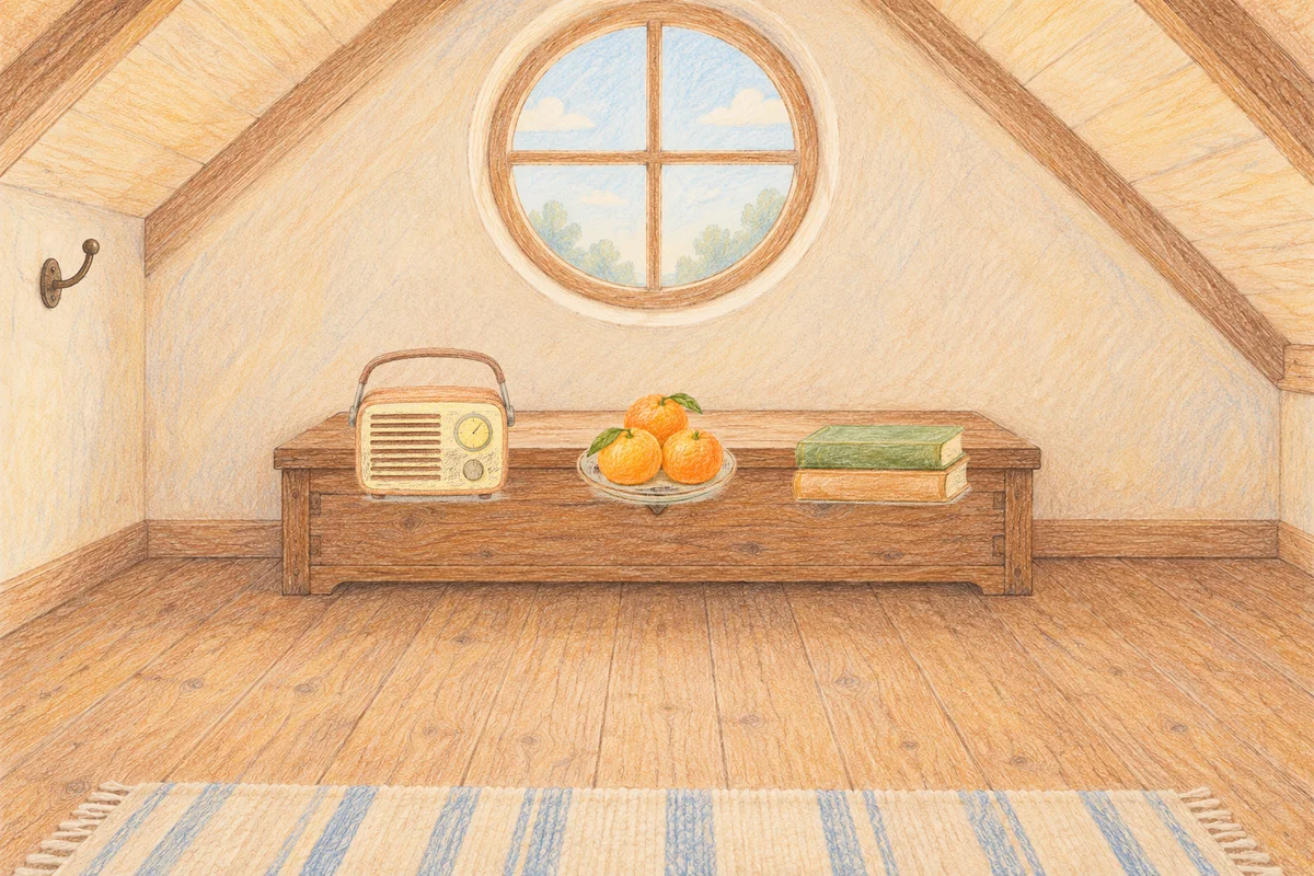 방배동 여성전용 스웨디시 추천 안내 그림, 낮의 다락방 나무 궤짝 위에 놓인 작은 라디오, 귤이 담긴 접시, 책 두 권