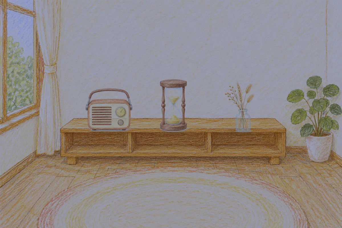 방배동 여성전용 경락 케어 안내 그림, 밤의 창가 낮은 선반 위에 놓인 작은 라디오, 모래시계, 마른 풀을 꽂은 항아리